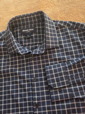 Mizzen Main Leeward Performance Dress Shirt Trim Fit Size XL Navy Blue Check